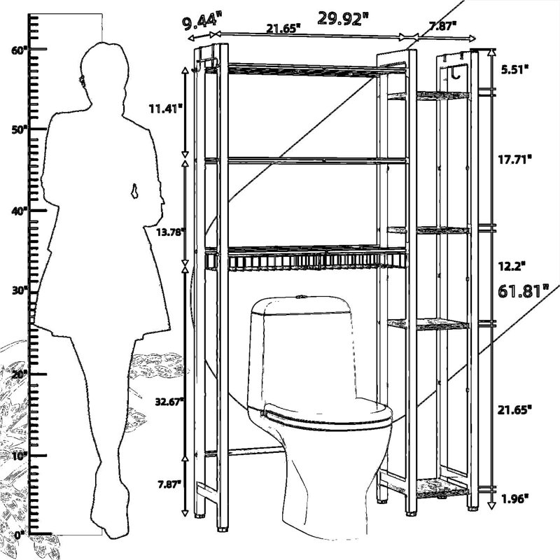Rangement au-dessus de la toilette avec tablettes réglables, supports latéraux, panier de drainage et crochets - Étagère de salle de bain autoportante peu encombrante