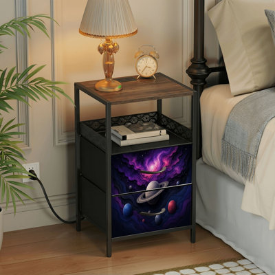 Table de chevet 2 tiroirs avec station de charge, table de chevet pour chambre à coucher avec ports USB, tablette ouverte noire, table de chevet avec impression de paysage nébuleuse cosmique sur planètes de Saturne