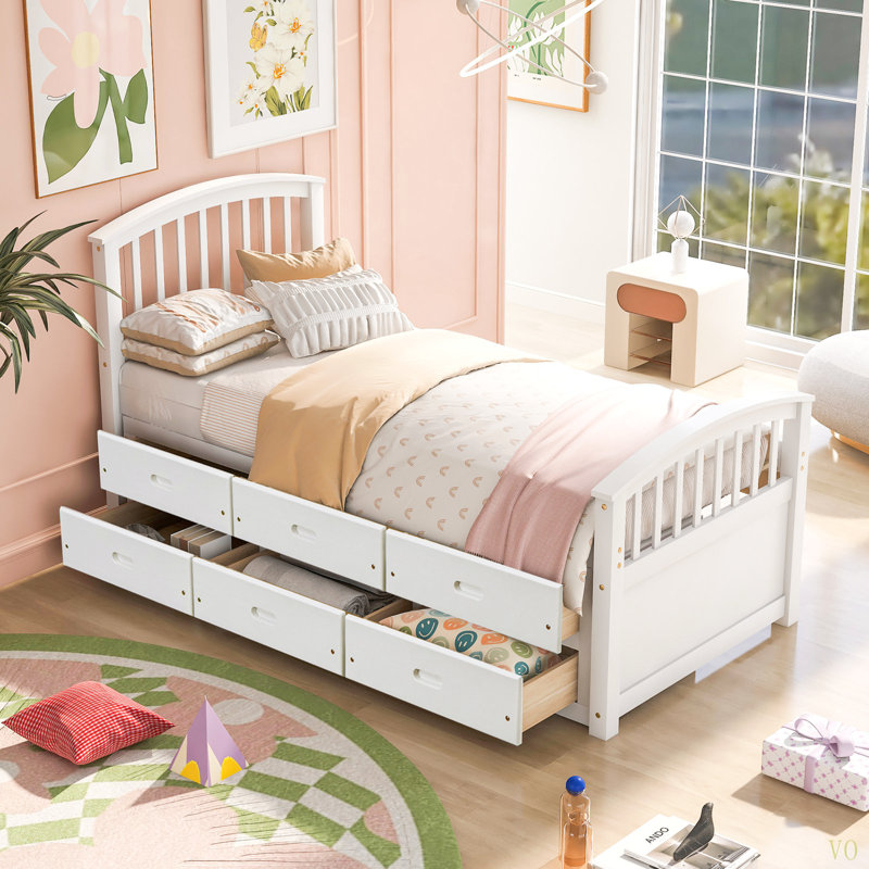 Lit plateforme simple en bois massif avec 6 tiroirs, Blanc