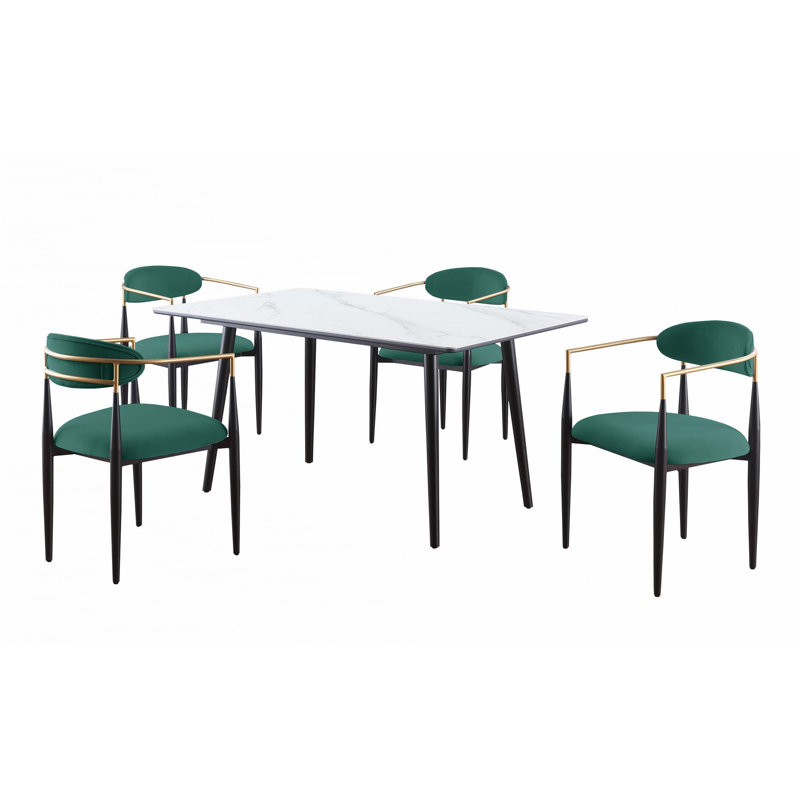5Pc Dining Set Sintered Stone Table, White, Green/Black