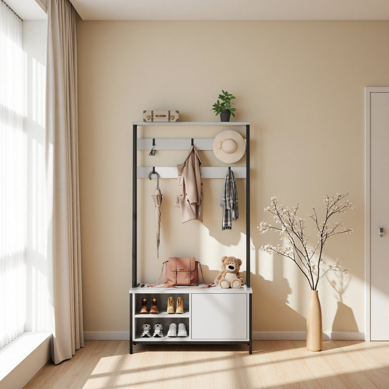 Arbre d'entrée avec banc et rangement pour chaussures, portemanteau avec rangement pour chaussures, aspect bois, portemanteau avec banc, style industriel