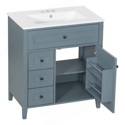 30-Inch Blue Gray Bathroom Vanity with Sink, Modern MDF and Rubberwood Cabinet with 3 Drawers and Adjustable Shelf, Freestanding Vanity for Bathroom Storage and Organization