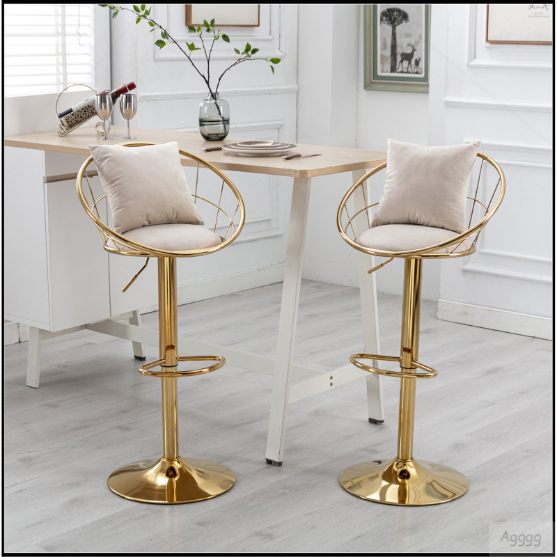 Chaise de bar en velours blanc cassé, plaquée or pur, conception unique, rotation à 360 degrés, hauteur réglable, convient aux salles à manger et aux bars, ensemble de 2