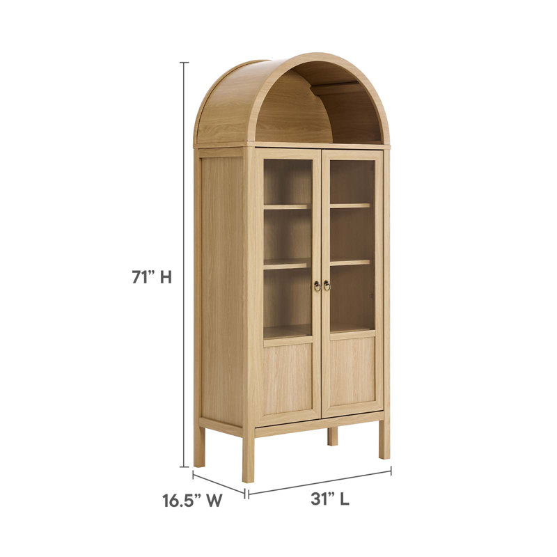 Tessa Tall Oak Arched Storage Display Cabinet with Glass Doors