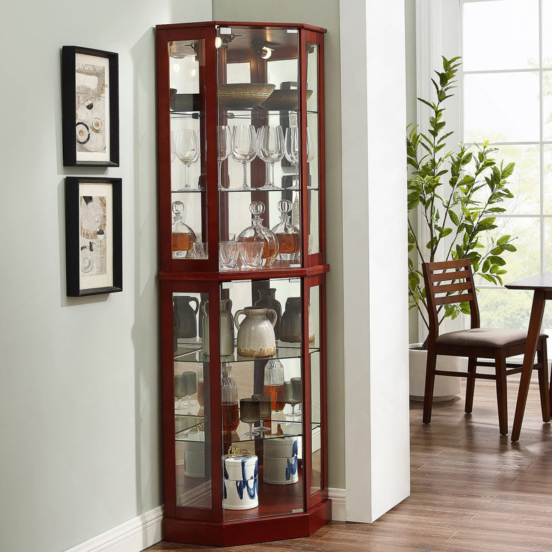 6 Shelf Corner Curio Display Cabinet With Lights, Mirrors And Adjustable Shelves, Cherry