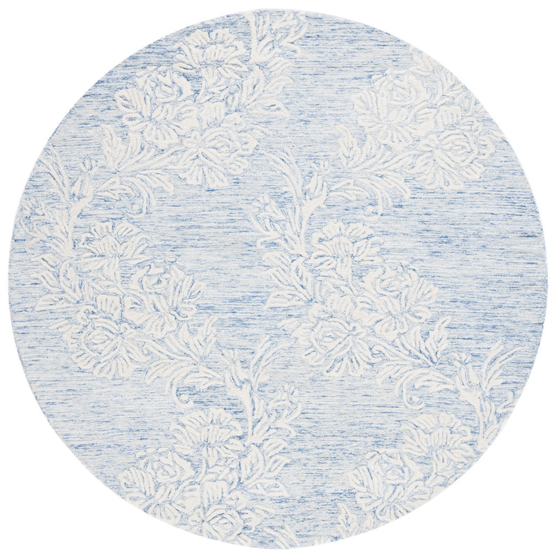 Batholomew Hand Tufted Wool/Cotton with Cotton Backing Floral Rug in Ivory/Blue, Round 6'