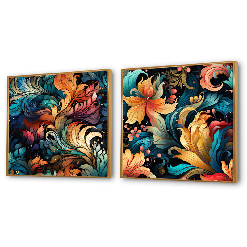 Wickham - Ensemble de 2 collages floraux et botaniques carrés, Cadre flottant doré, H 30 po x l 61 po