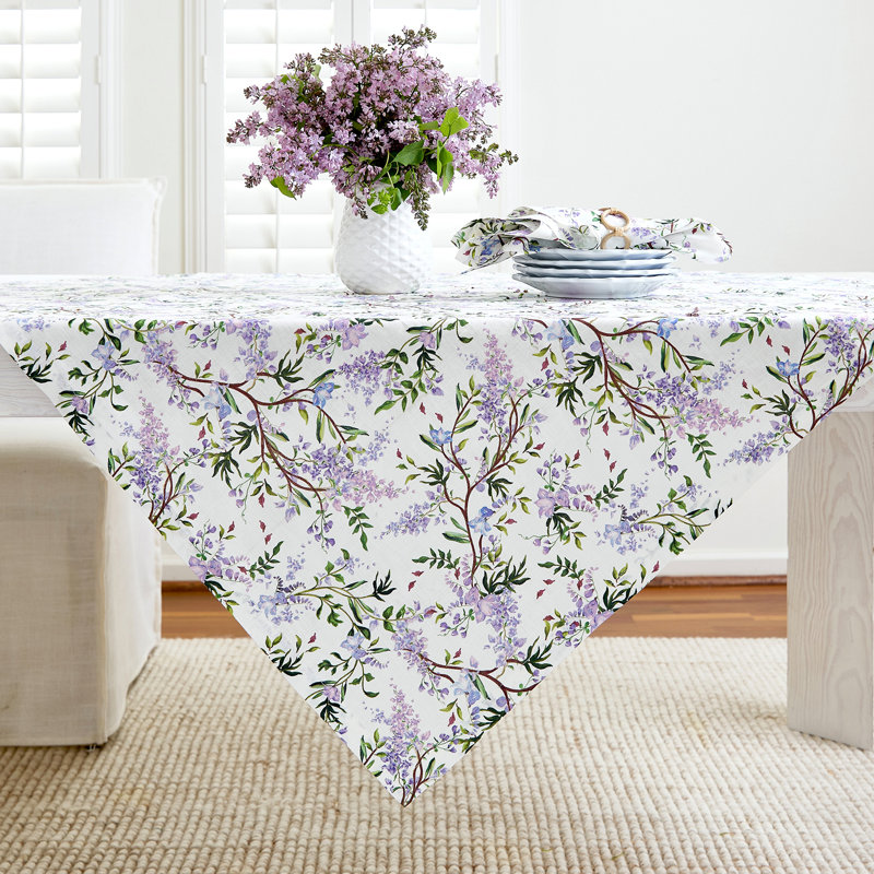 Print -100% Pure Linen Table Throw, Lilacs/White Floral