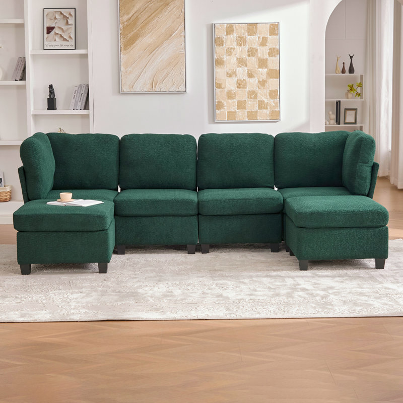 Canapé modulaire en U avec repose-pieds avec rangement, Mélange de polyester émeraude