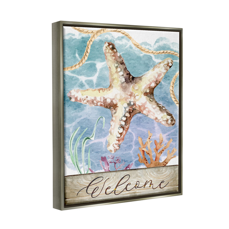 «Aquatic Beach Welcome Starfish Floater», art mural par ND Art, H 21 po x l 17 po x P 1,7 po, Cadre flottant gris lustré