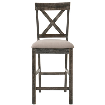 Tabourets à hauteur de comptoir (de 2), housse en lin brun clair, structure à dossier en croix, pieds en bois, gris vieilli pour comptoir de bar 2 sièges, lin, fonctionnalité, cuisine robuste