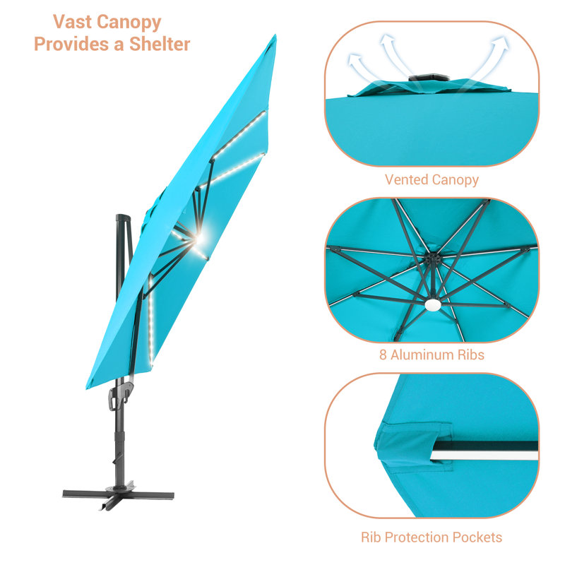 Parasol lumineux rectangulaire en porte-à-faux 11,5 x 9 pi Seena, Bleu lac
