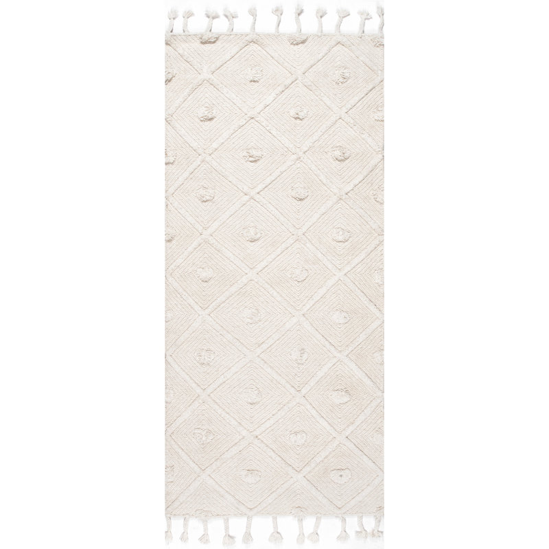 Tapis blanc cassé à motif marocain cassé en laine à pampilles fabriqué à la main Whigham, Tapis de couloir 2 pi 6 po x 8 pi