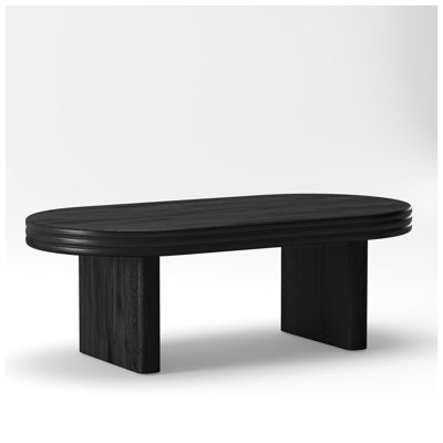 Mid-Century Modern Oval Fluted Coffee Table with Wood Veneer, Black Finish Living Room Centerpiece
