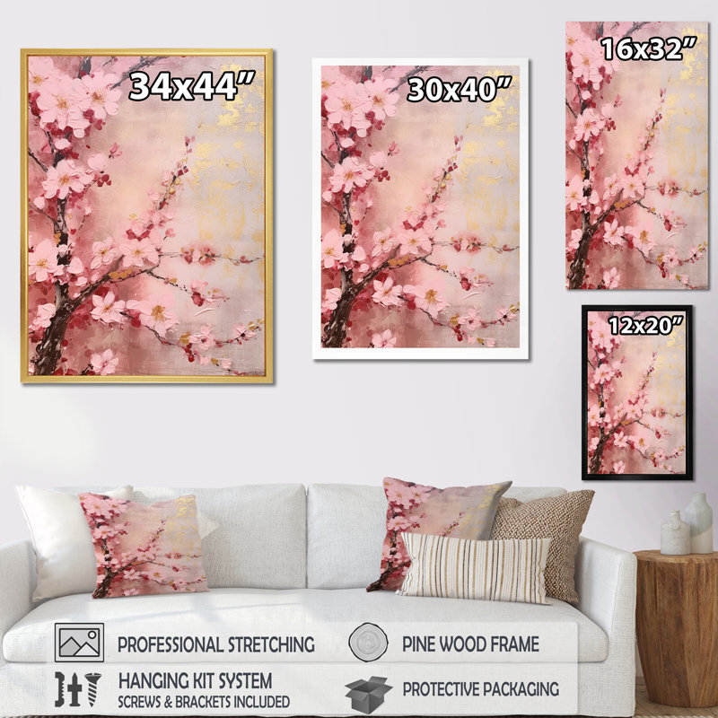 «Cherry Blossoms», collage rose foncé sur toile, Cadre flottant blanc, H 32 po x l 24 po