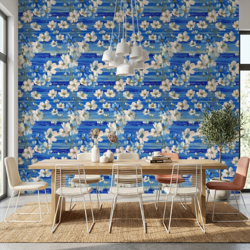 Papier peint floral bleu, décoration murale moderne amovible, Non tissé, non collé