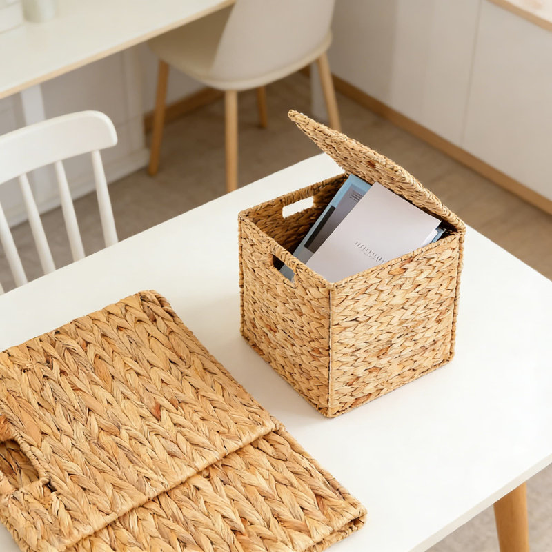 Paniers de rangement en jacinthe d'eau tissés à la main avec couvercles et poignées, paquet de 6 paniers pliables pour la maison, la lessive et le garde-manger