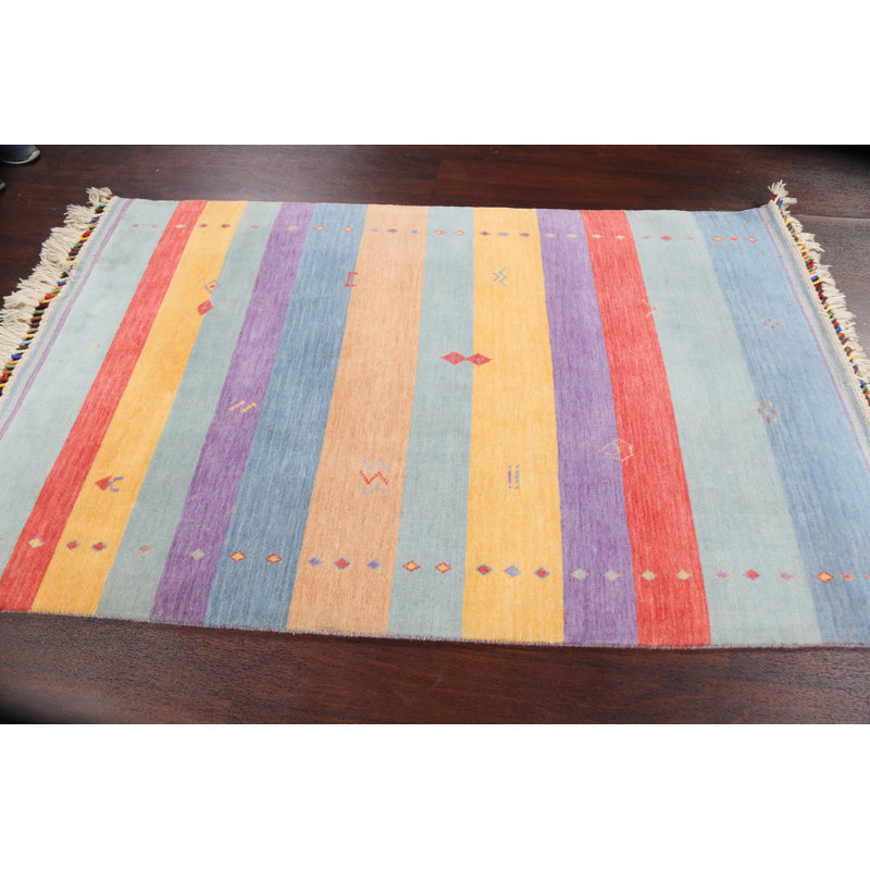 Tapis unique en laine noué à la main 4 pi x 6 pi nouvel âge en jaune / bleu