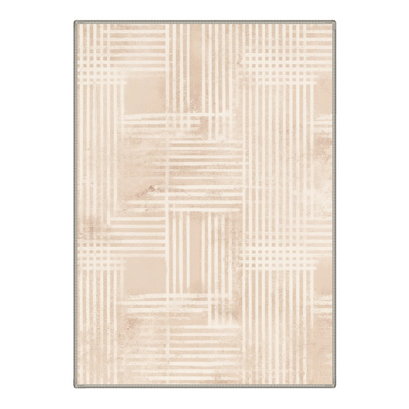 Gridline Geometric Machine Washable Beige Indoor Area Rug with Non-Slip Backing, Round 5'