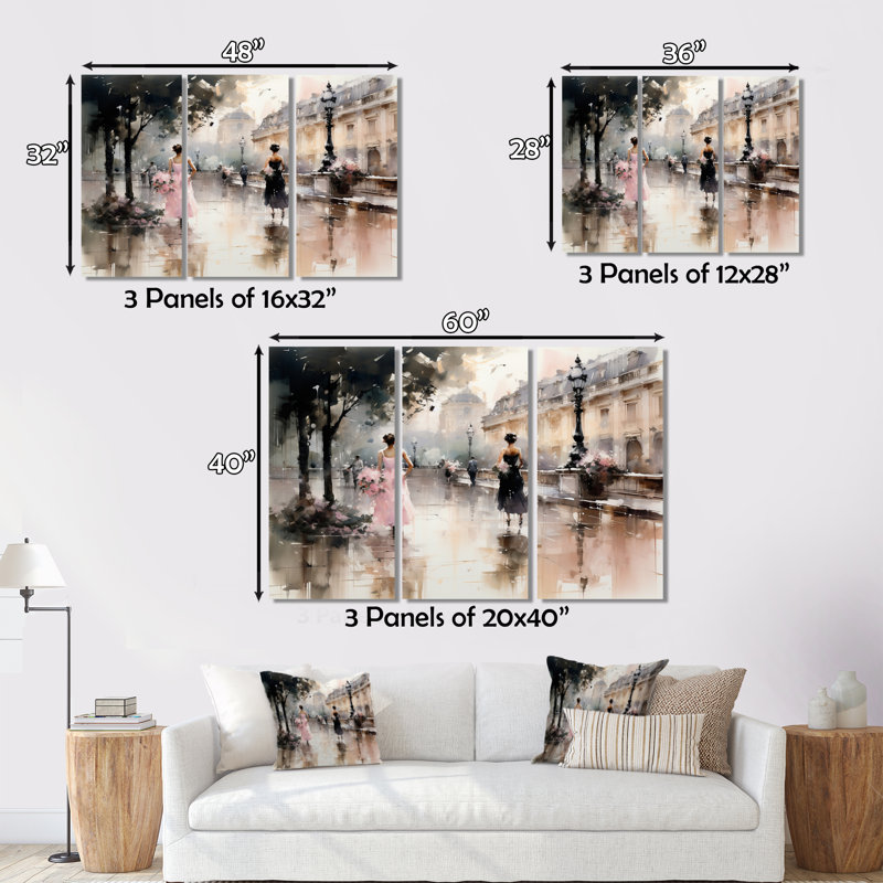«Fashion Impressionist Elegance I» sur toile, reproduction de 3 pièces, H 32 po x l 48 po x P 1 po