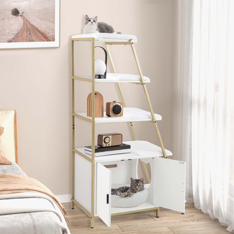 Meuble de rangement pour chat 2-en-1 pour animaux de compagnie, Blanc / Doré