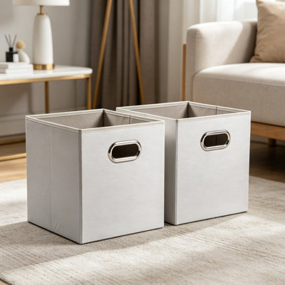 Leather Foldable Cube Storage Bins 11X11 Inch, 2-Pack Fabric Storage Baskets With Cotton Handles, Organizer For Shelves, Nursery, Closet, Bedroom, White
