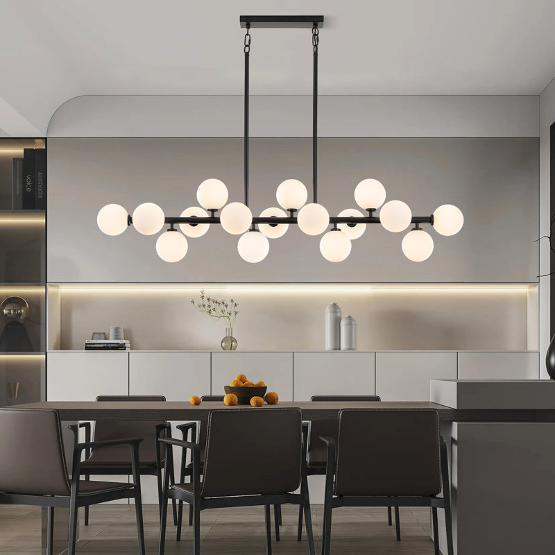 Lustre linéaire moderne en verre bullé à 16 lumières à intensité variable Spoutnik, Noir mat