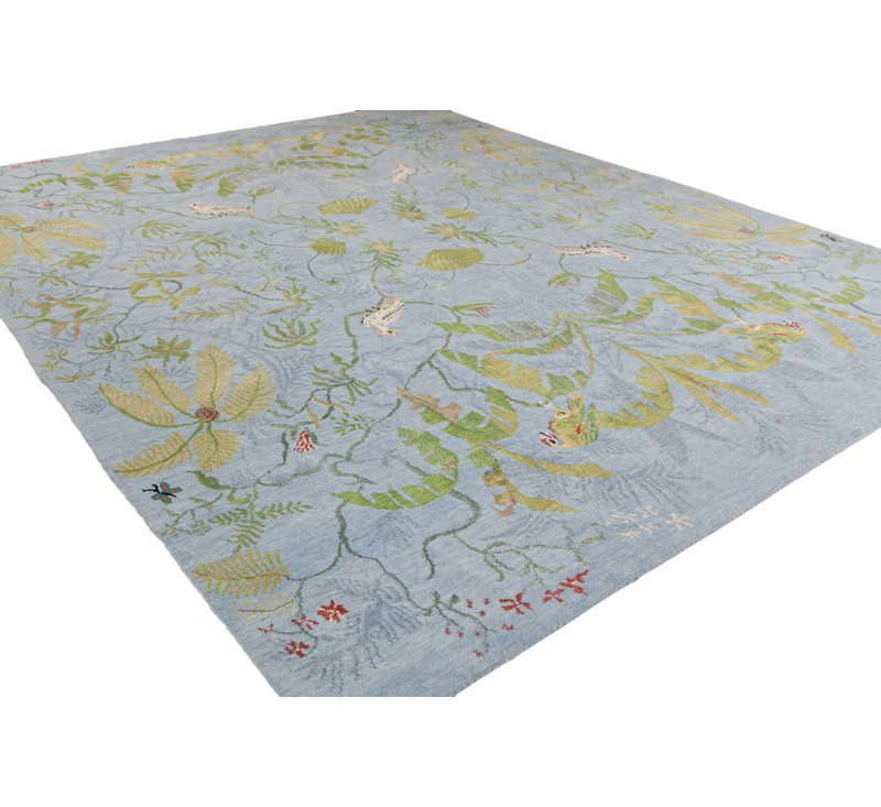 Paradiso Hand Knotted Wool Floral Area Rug in Blue/Gold/Caramel, Rectangle 12' x 15'