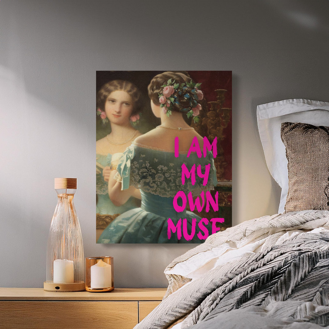 I Am My Own Muse Canvas Art, Feminist Empowerment Wall Decor, Classical Portrait Painting Print, Hot Pink Quote Aesthetic Canvas