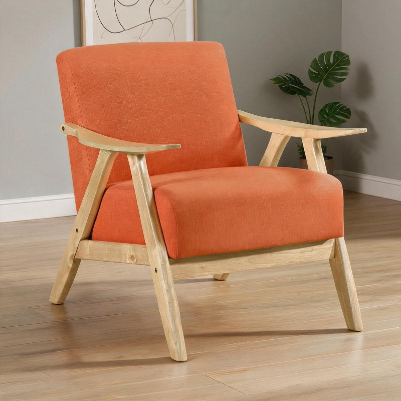 Chaise avec accoudoirs d'appoint moderne au fini organique naturel, dossier et siège rembourrés, revêtement en tissu d'hévéa massif orange