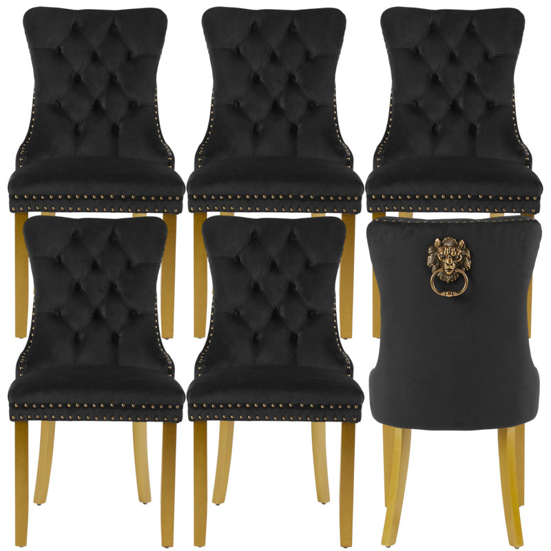 Chaises de salle à manger rembourrées en velours et oreilles capitonnées Traditional, Noir, 6