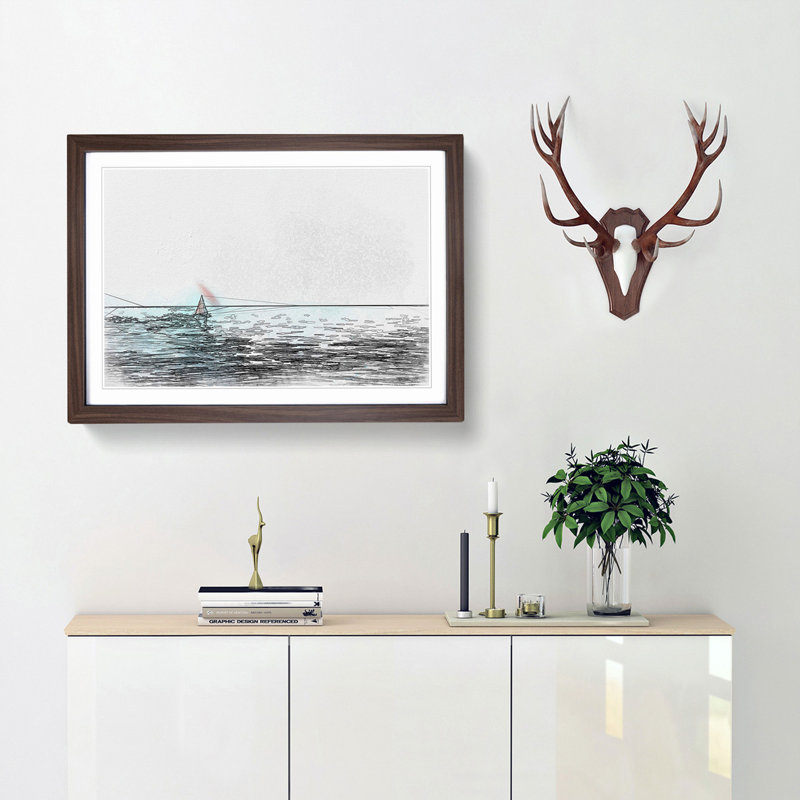 Solo Red Sailboat & Seascape in Abstract - Picture Frame Graphic Art Print, Walnut Framed, 62cm H x 87cm W x 2cm D