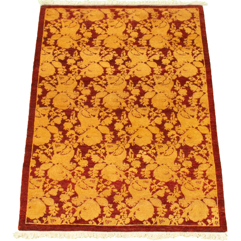 Tapis décoratif en laine de style persan rouge foncé de conception unique 3 pi 1 po x 5 pi noué à la main new age paki