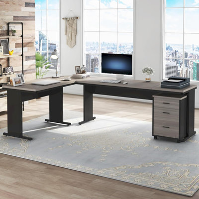 Bureau de direction en L avec design réversible, grande table d'angle industrielle pour ordinateur, classeur mobile à 3 tiroirs, poste de travail professionnel pour bureau à domicile