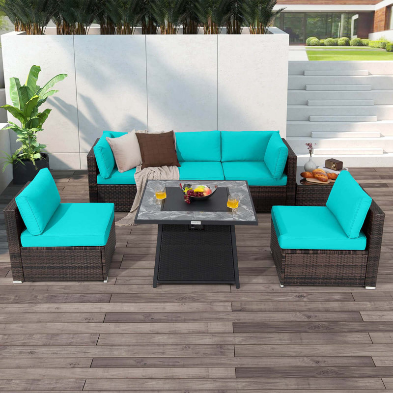 7 Pcs Patio Furniture Set With 35" Propane Gas Fire Pit Table & Waterproof Cover Brown, Blue