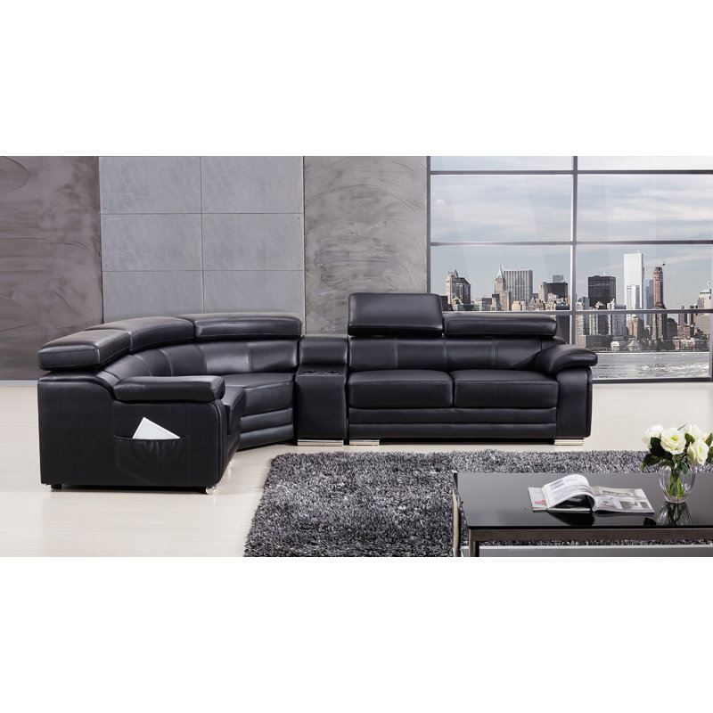Backsten Upholstered Curved Sectional, Left Hand Facing, Black Genuine Leather