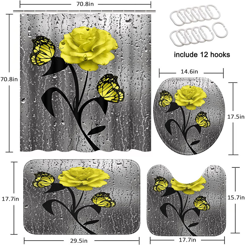 Ensemble de rideau de douche 4 pièces + crochets, Jaune