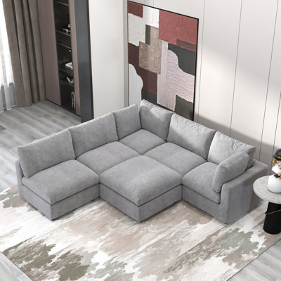 Kessi 6-Piece Upholstered Modern Chenille Fabric Modular Sectional Sofa With Ottoman