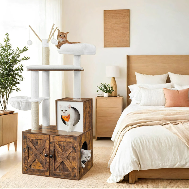 55.1" Cat Tree with Litter Box Enclosure, Brown