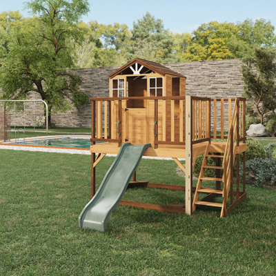 Maisonnette de jardin en bois 7 en 1 avec glissade et bac à sable pour enfants