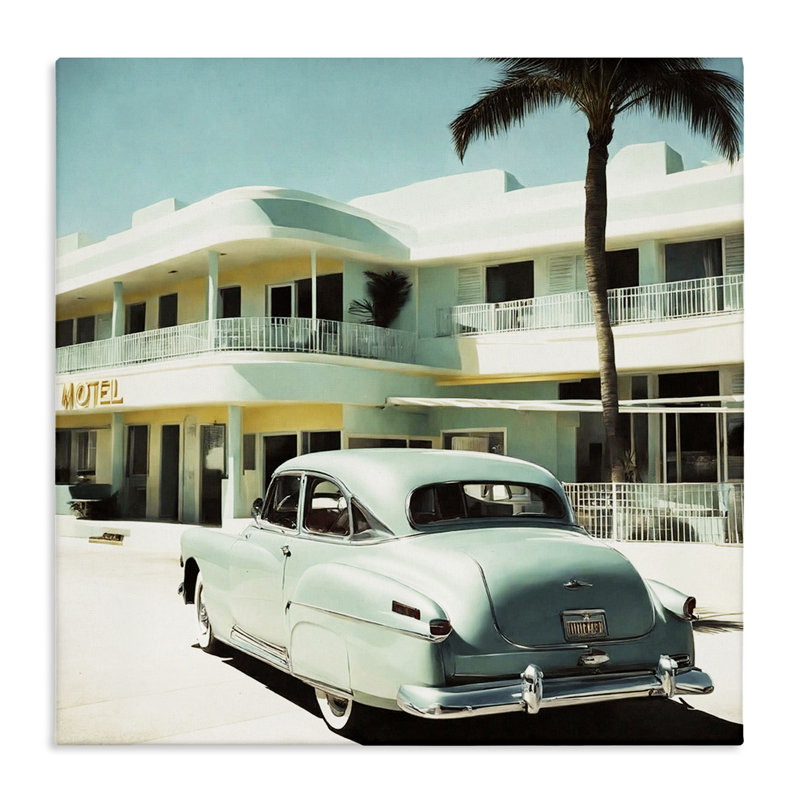 Art classique sur toile, "Classic car at môtel" par Noah Bay, H 36 po x l 36 po