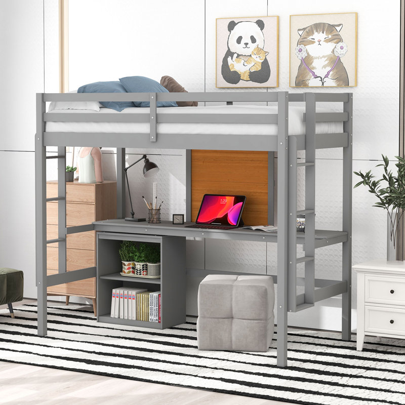 Lit mezzanine avec échelle, tablettes et bureau