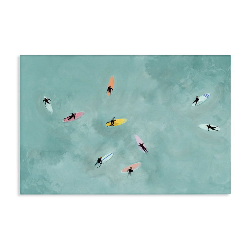 Surfeurs flottant sur une toile de vagues, design par Lily K., H 16 po x l 24 po
