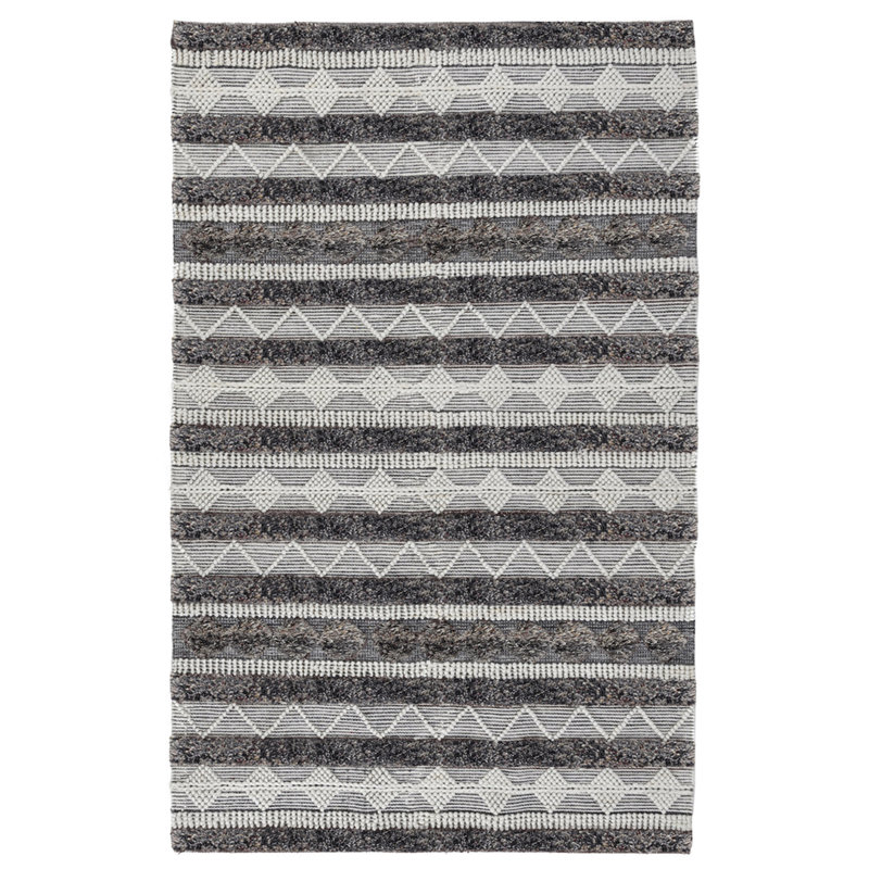 Ivory and Gray Diamond Pattern Wool and Synthetic Rug