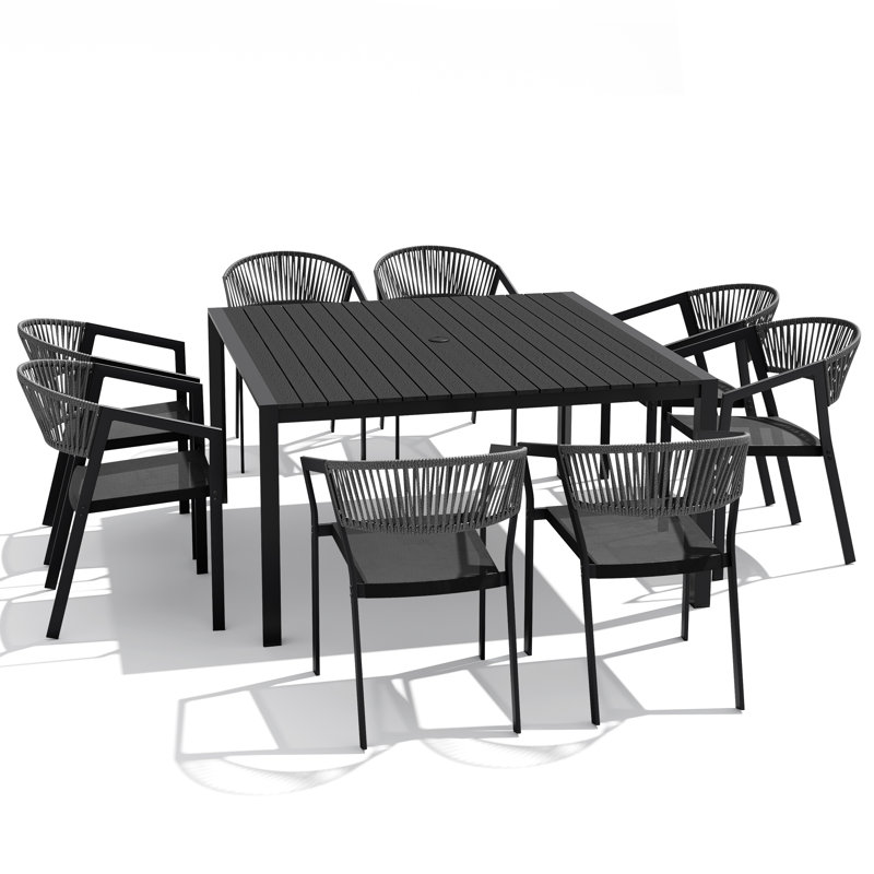 Ensemble repas pour 8 personnes en aluminium avec chaises empilables et trou pour parasol, Gris foncé, Black