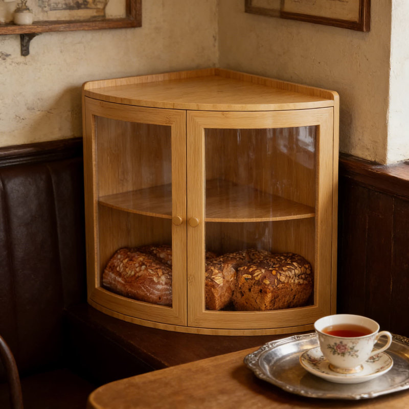 Boîte à pain de coin avec porte en acrylique transparent, contenant à double couche en bambou pour comptoir de cuisine, support à pain de grande capacité pour pain fait maison