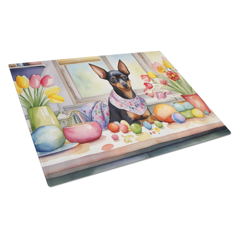 Decorating Easter Miniature Pinscher Glass Cutting Board