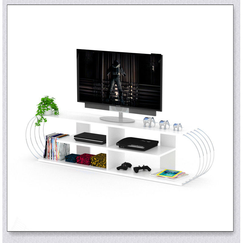 Meuble télé FurnisHome de style Mid-Century moderne avec 4 tablettes, rangement ouvert et finition chromée pour téléviseurs de 68 pouces