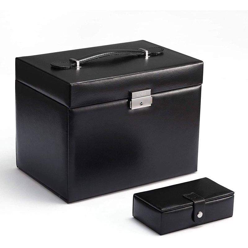 Boîte à bijoux en cuir noir avec étui de voyage et serrure
