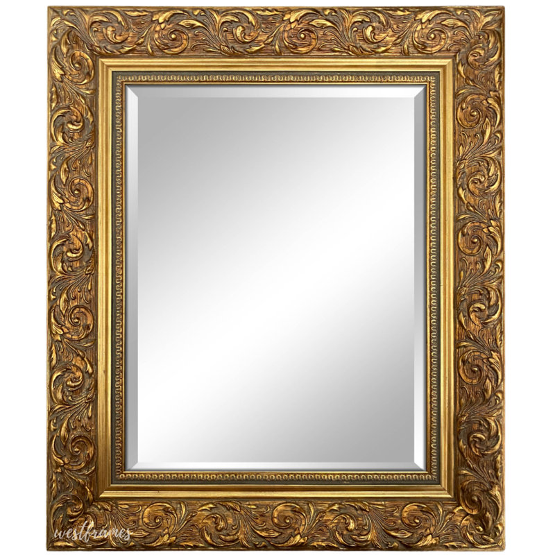Bella French Ornate Embossed Framed Wall Mirror, 32.25" x 26.25", Antique Gold